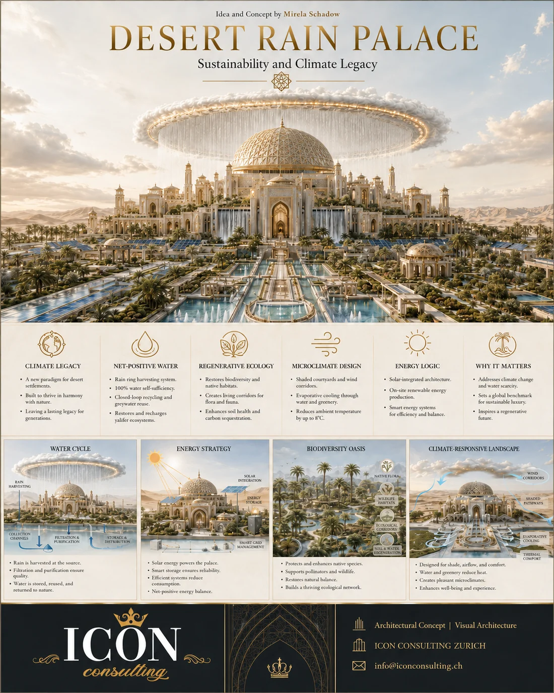 Desert Rain Palace climate and sustainability visual architecture concept board