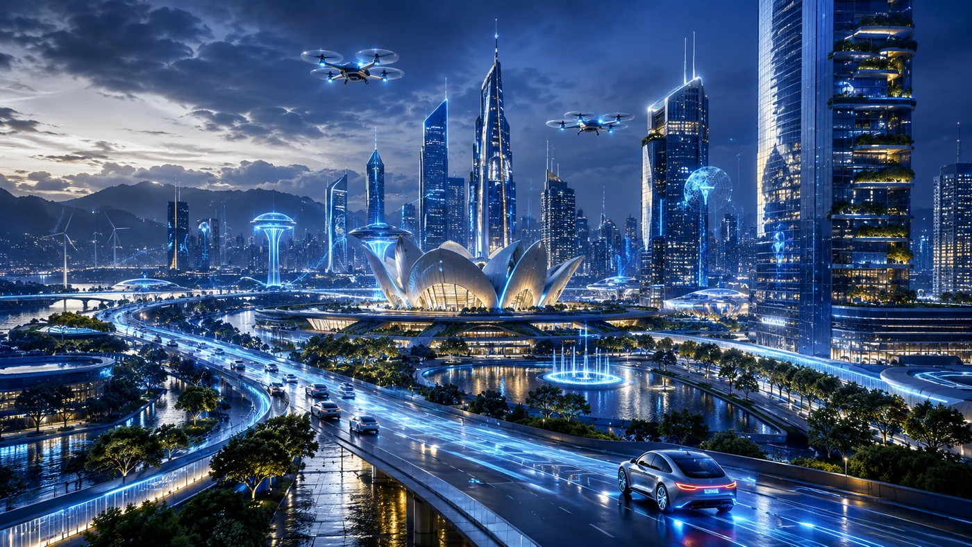 Future city visual architecture concept with connected mobility and intelligent infrastructure